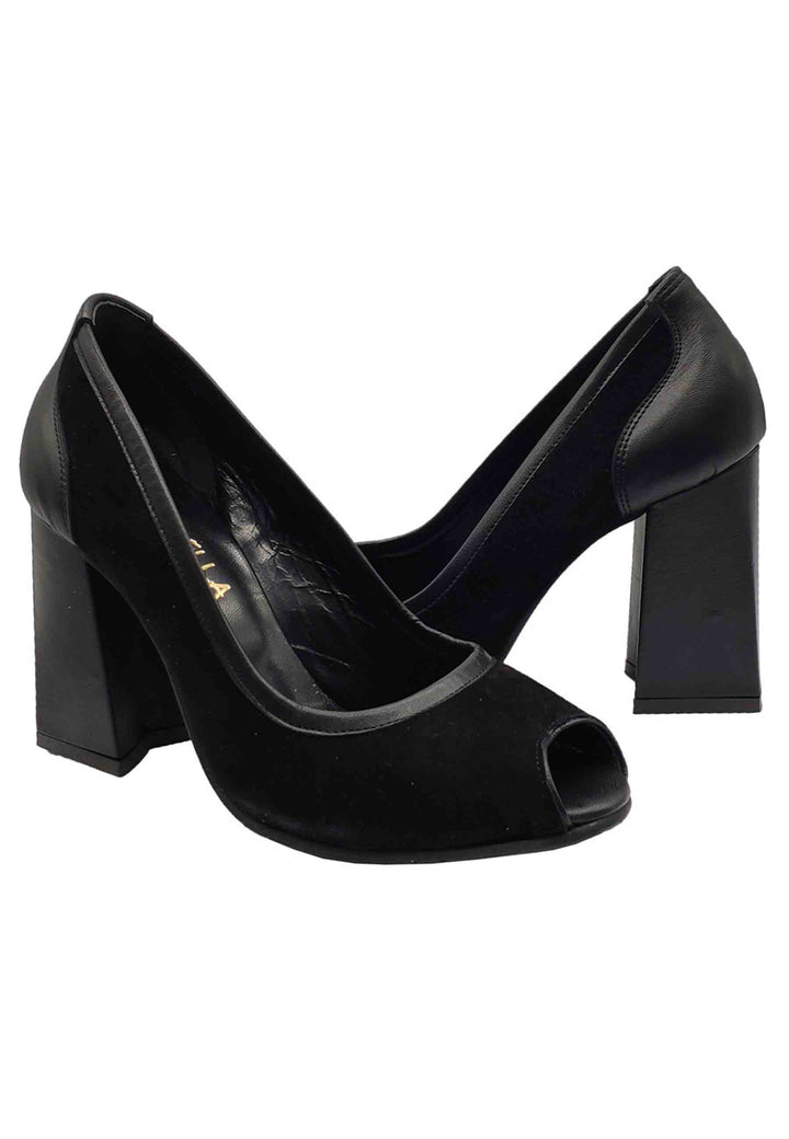 Spatarella Calzature Donna Décolleté Open Toe In Camoscio E Pelle Nera Tacco Alto