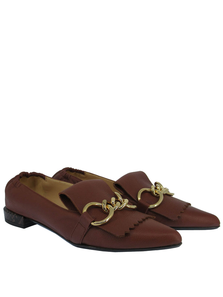 Spatarella Calzature Donna Mocassini In Pelle Cuoio Con Frange E Catena Oro Punta A Punta E Tacco Basso