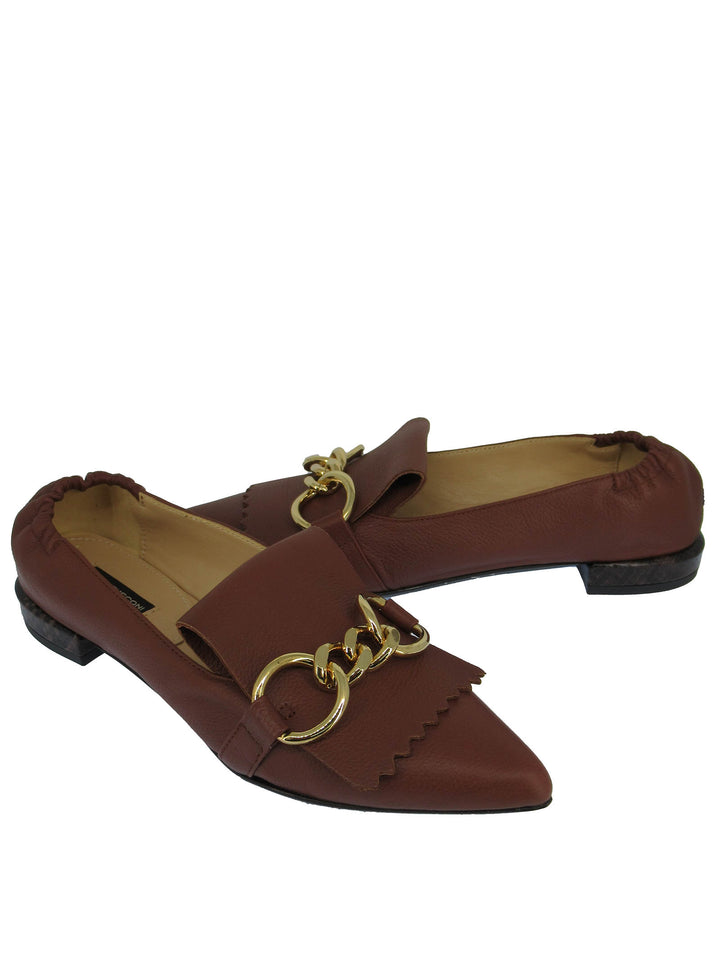 Spatarella Calzature Donna Mocassini In Pelle Cuoio Con Frange E Catena Oro Punta A Punta E Tacco Basso