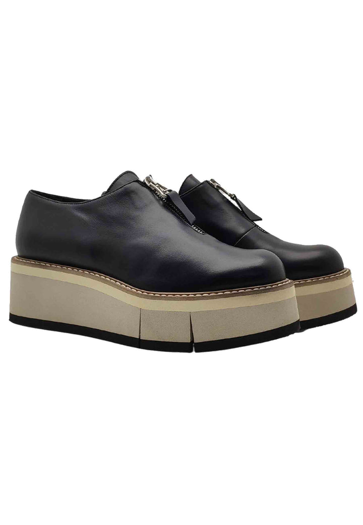 Spatarella Calzature Donna Sneakers In Pelle Nera Con Zip Sul Davanti E Zeppa Color Miele