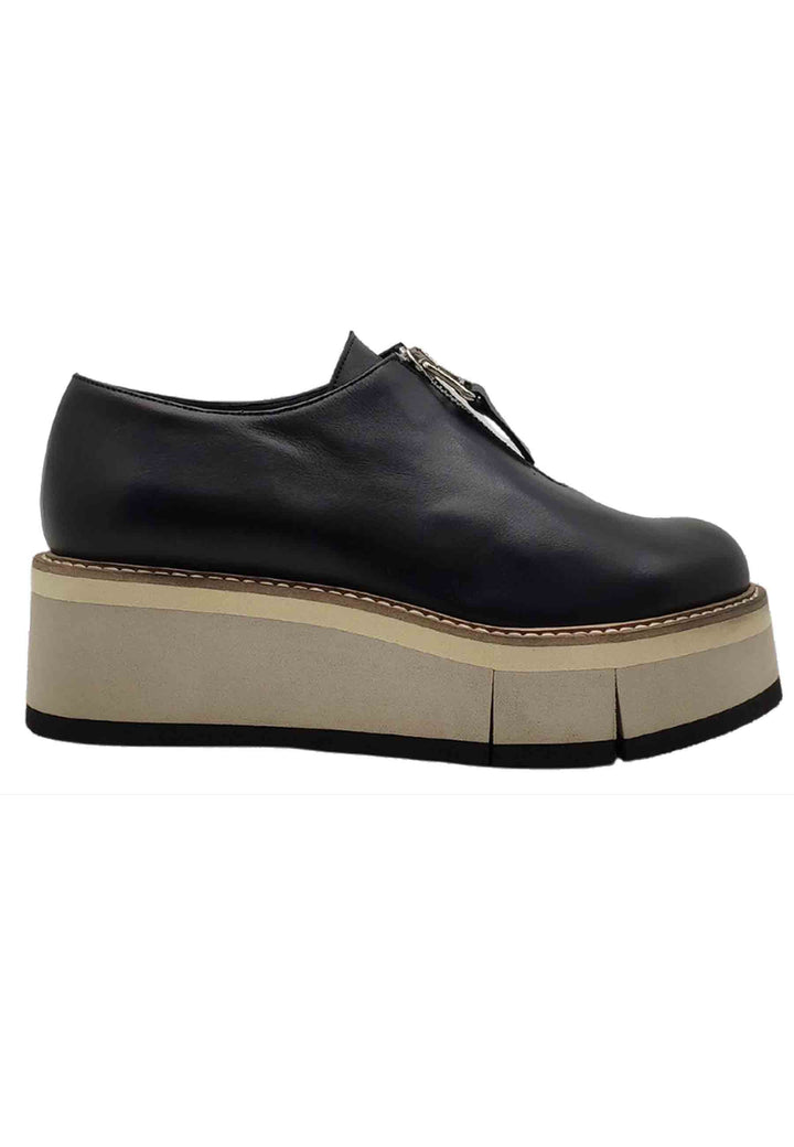 Spatarella Calzature Donna Sneakers In Pelle Nera Con Zip Sul Davanti e Zeppa Color Miele