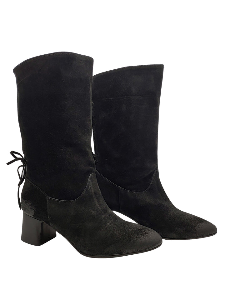 Spatarella Calzature Donna Stivaletti In Pelle Scamosciata Nera Ingrassata Con Fiocco Posteriore E Tacco