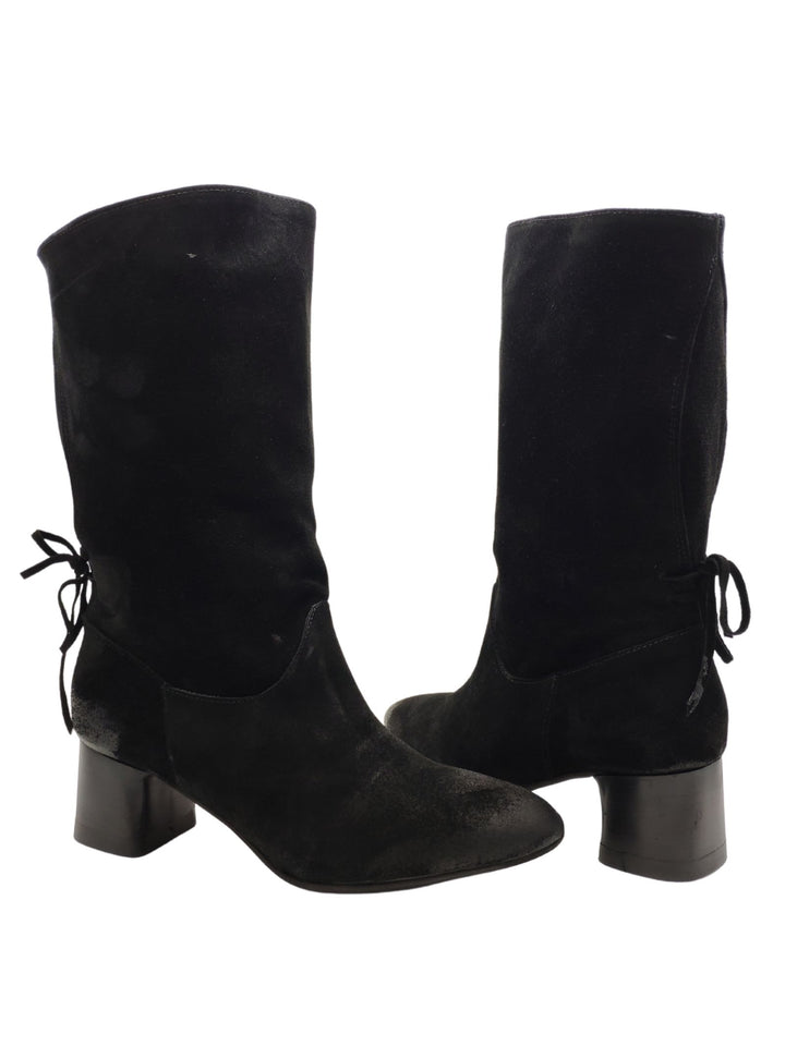 Spatarella Calzature Donna Stivaletti In Pelle Scamosciata Nera Ingrassata Con Fiocco Posteriore E Tacco