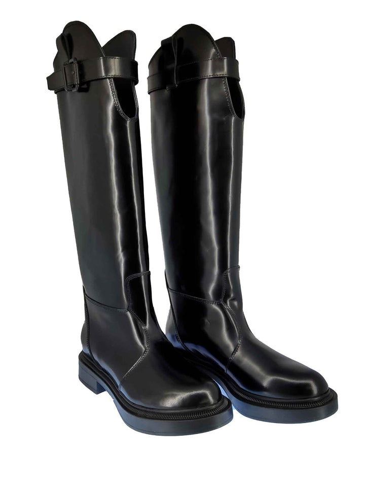 Spatarella Calzature Donna Stivali Cavallerizza In Pelle Nera Lucida Con Cinturino E Fondo In Gomma In Tinta