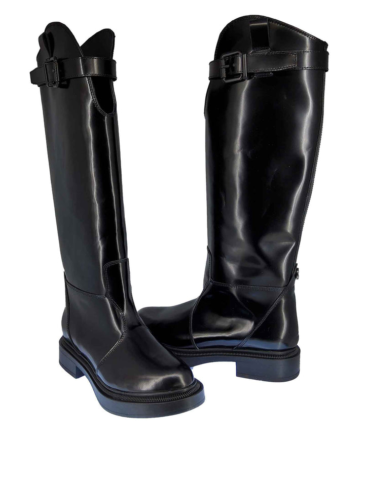 Spatarella Calzature Donna Stivali Cavallerizza In Pelle Nera Lucida Con Cinturino E Fondo In Gomma In Tinta