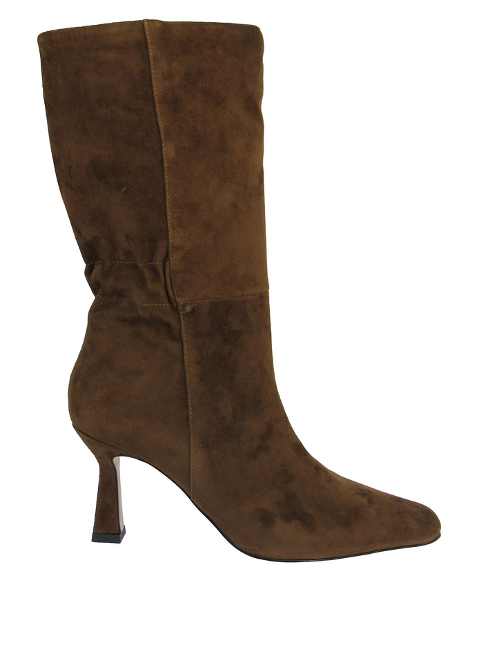 Spatarella Calzature Donna Stivali In Camoscio Marrone Con Tacco Alto Punta Quadra Ed Elastico Posteriore