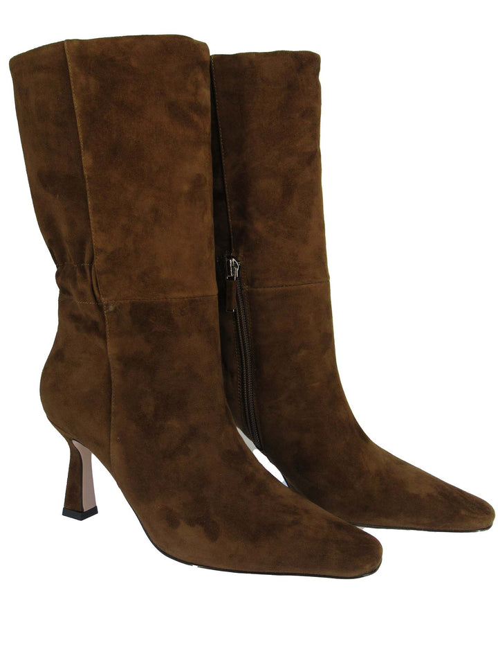Spatarella Calzature Donna Stivali In Camoscio Marrone Con Tacco Alto Punta Quadra Ed Elastico Posteriore