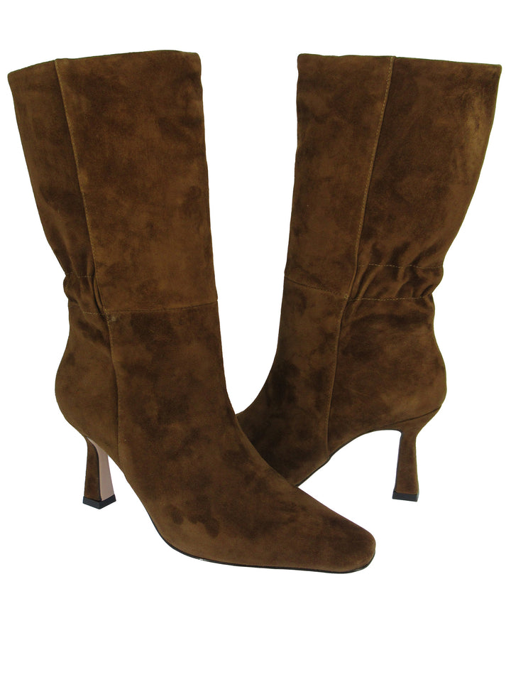 Spatarella Calzature Donna Stivali In Camoscio Marrone Con Tacco Alto Punta Quadra Ed Elastico Posteriore
