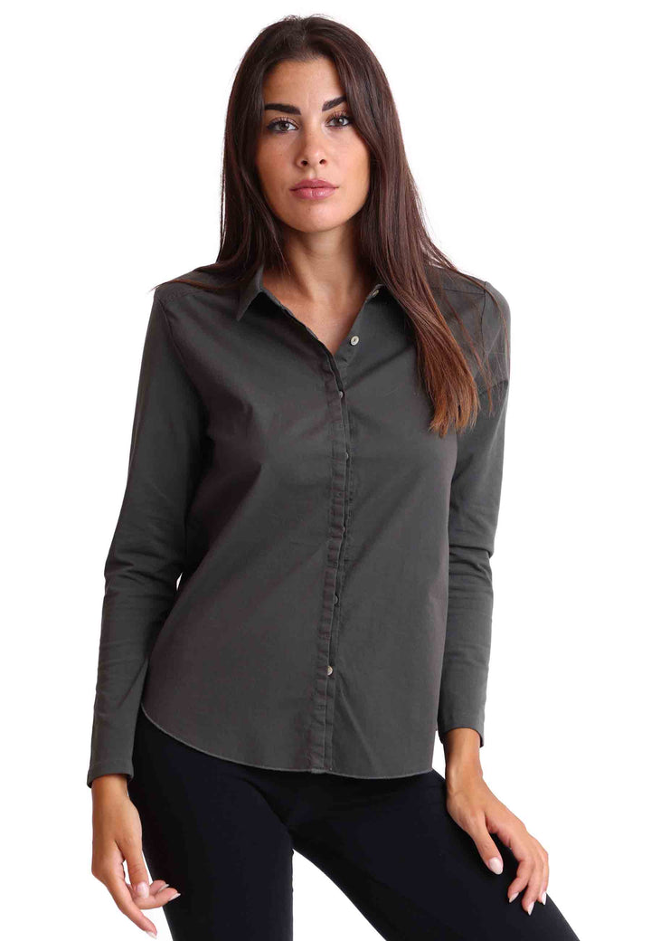 Spatarella Camicia Donna In Cotone Grigio Maniche Lunghe Senza Polsino