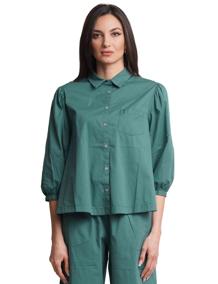 Spatarella Camicie Donna In Cotone Verde Con Maniche A Sbuffo