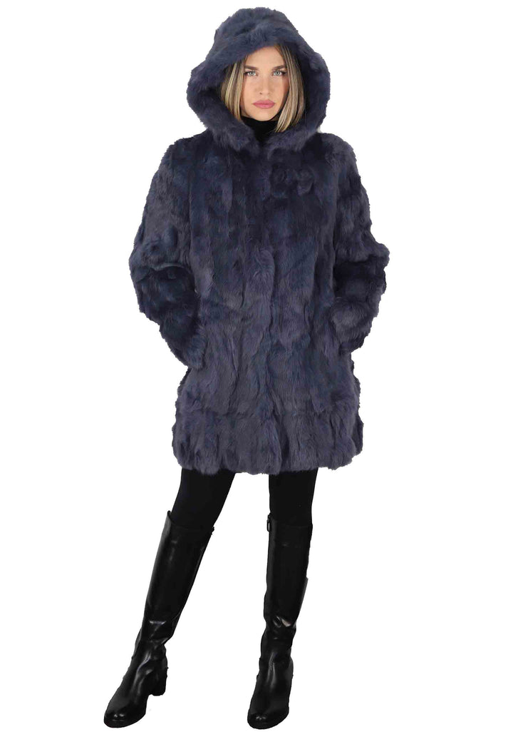 Spatarella Cappotti Parka Donna In Lapin Blu Con Cappuccio