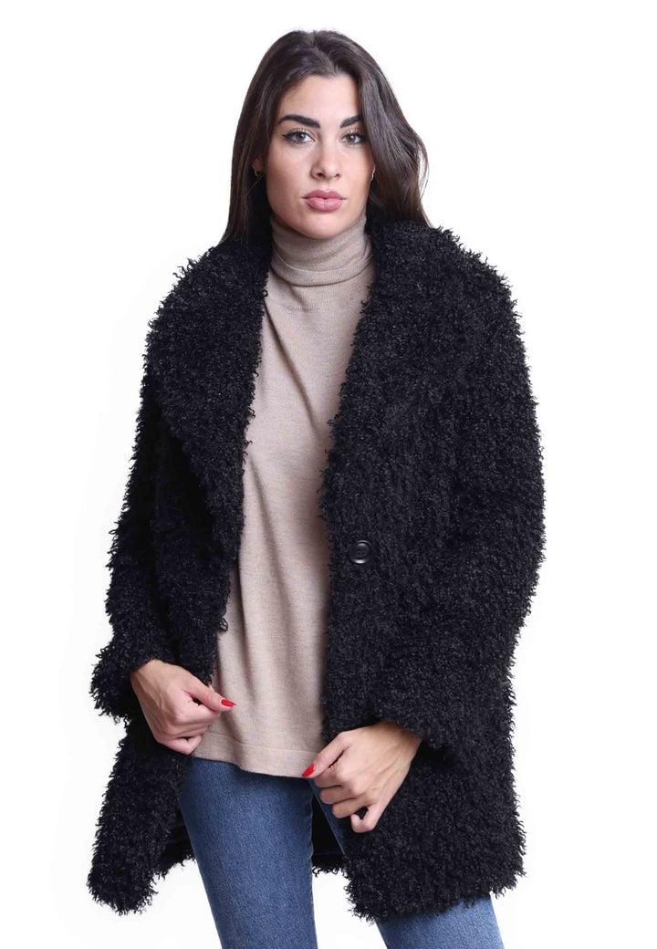 Spatarella Cappotti Teddy Donna In Eco Fur Nero Con Ampio Monopetto Un Bottone