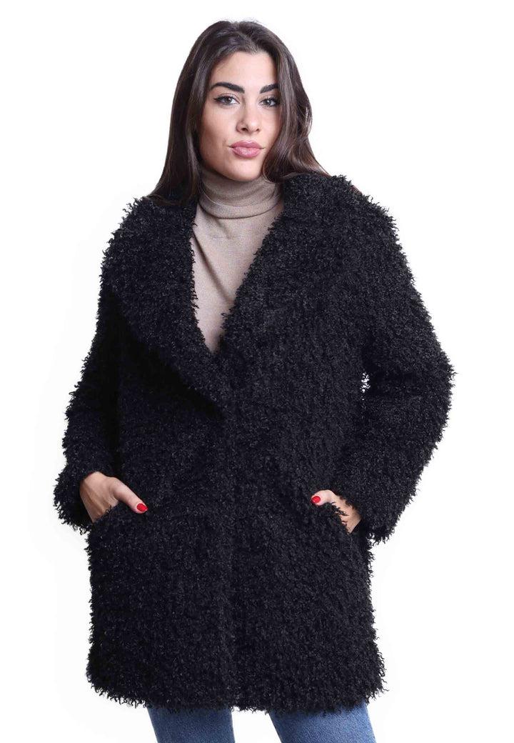 Spatarella Cappotti Teddy Donna In Eco Fur Nero Con Ampio Monopetto Un Bottone