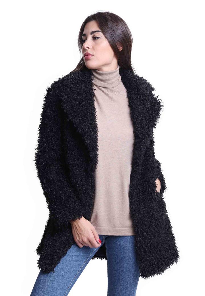 Spatarella Cappotti Teddy Donna In Eco Fur Nero Con Ampio Monopetto Un Bottone