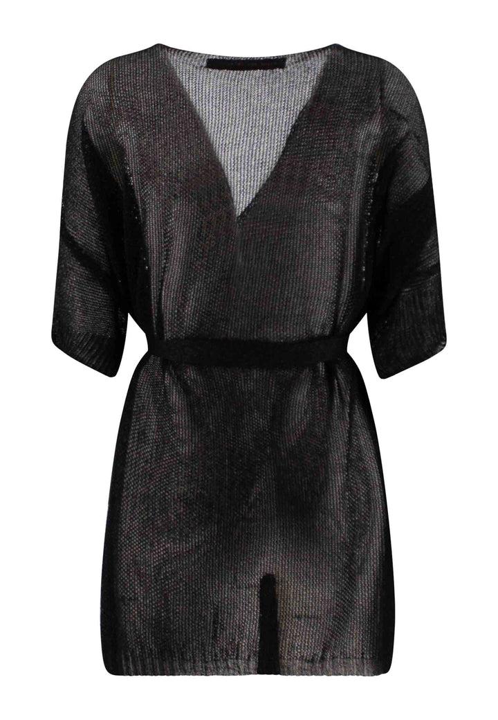 Spatarella Cardigan Over Donna A Kimono In Lurex Nero Con Cintura In Tono