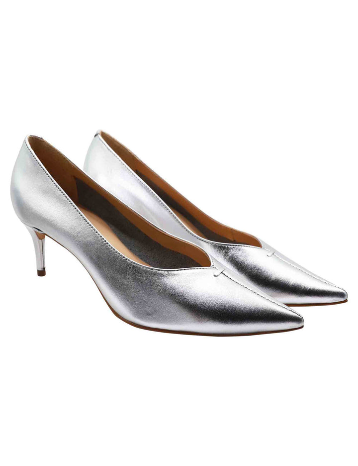 Spatarella Decollete Accollate Da Donna Realizzate In Pelle Argento Con Tacco Medio E Punta A Punta