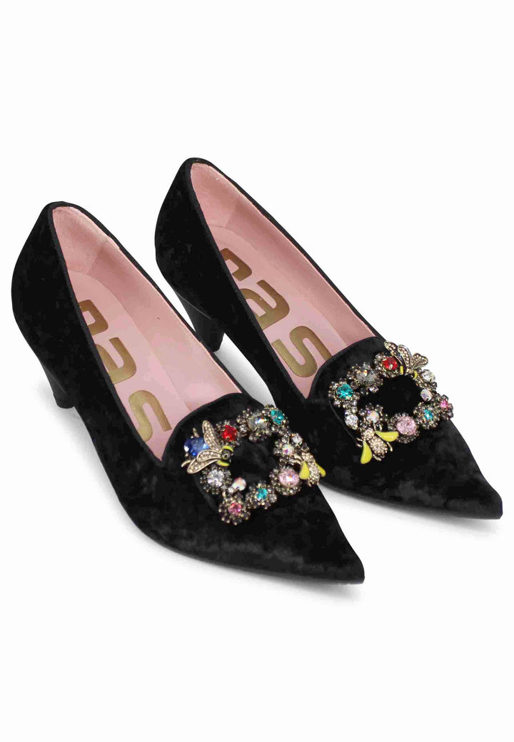 Spatarella Decollete Donna A In Velluto Nero Con Fibbia Gioiello