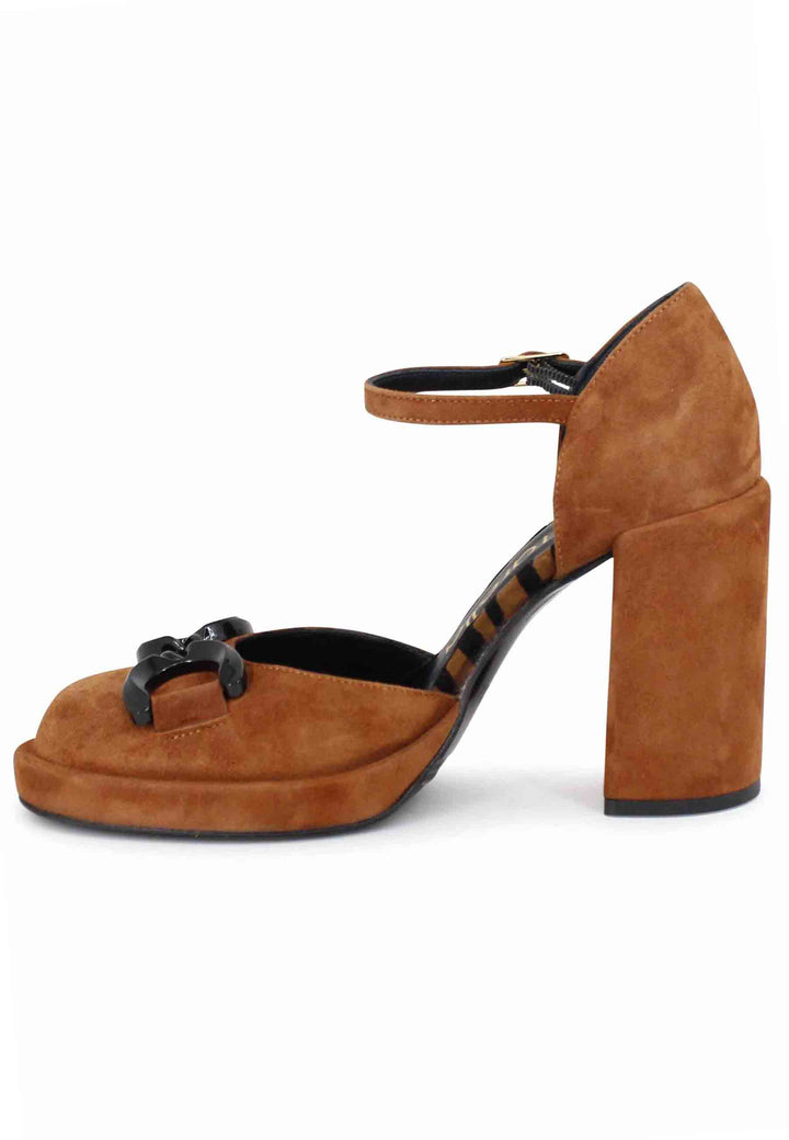 Spatarella Decollete Donna In Camoscio Cuoio Con Tacco Alto E Cinturino