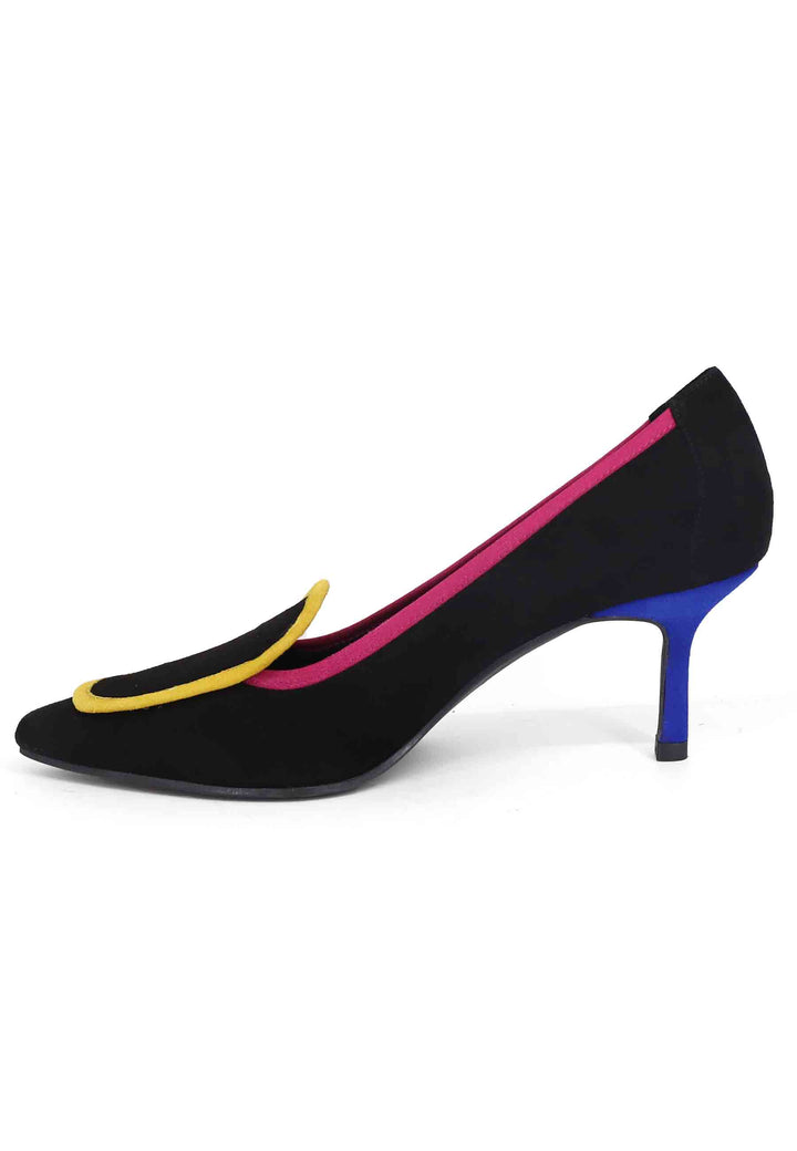 Spatarella Decollete Donna In Camoscio Nero Con Riporti Multicolore