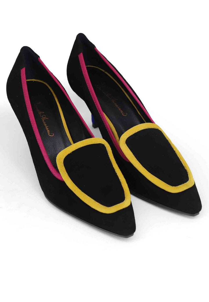 Spatarella Decollete Donna In Camoscio Nero Con Riporti Multicolore