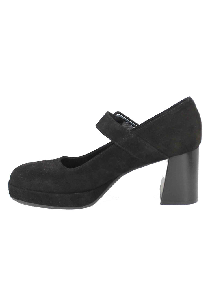 Spatarella Decollete Donna In Camoscio Nero Con Tacco Alto E Cinturino