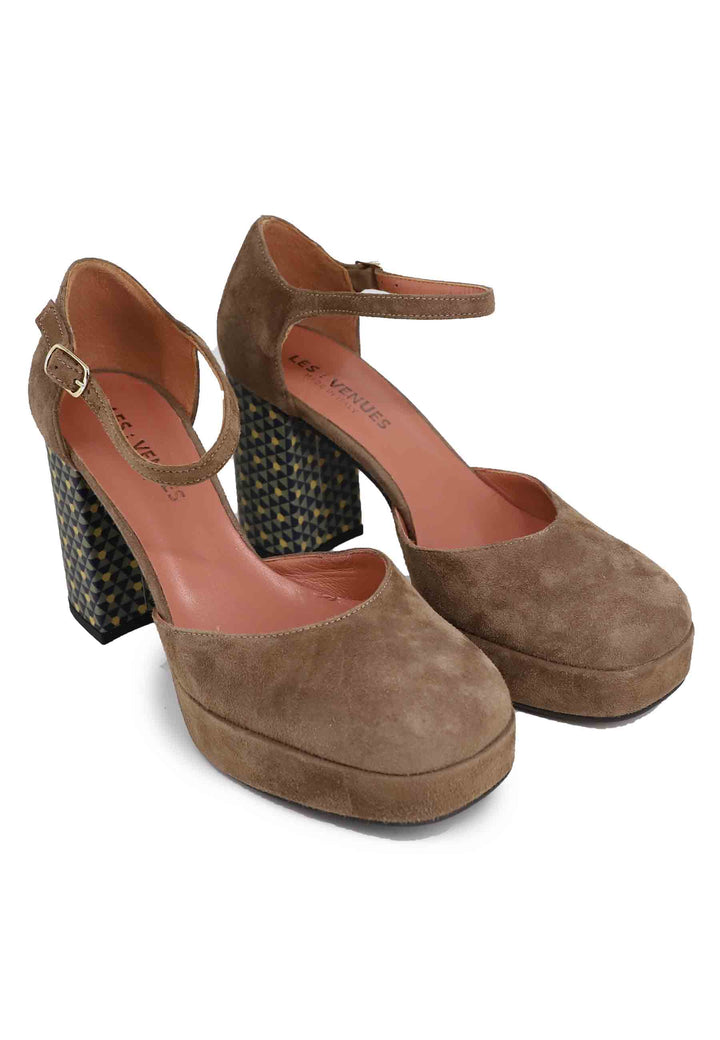 Spatarella Decollete Donna In Camoscio Taupe Con Cintururino Alla Caviglia