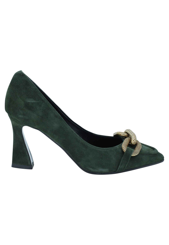 Spatarella Decollete Donna In Camoscio Verde Tacco Alto Con Catena In Oro Brunito