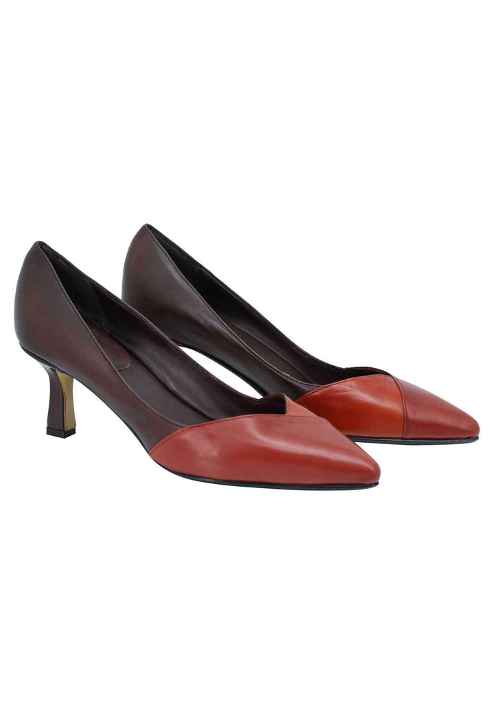 Spatarella Decollete Donna In Pelle Bi Colore Marrone E Mattone Tacco Basso