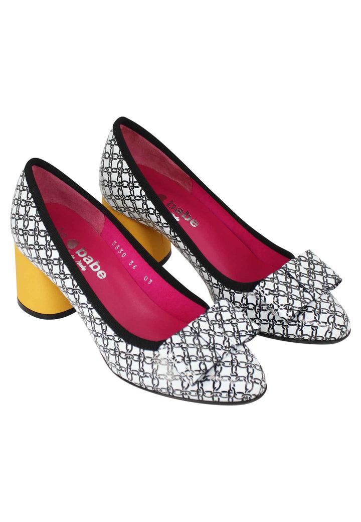 Spatarella Decollete Donna In Pelle Bianca E Nera Con Tacco Alto In Contrasto