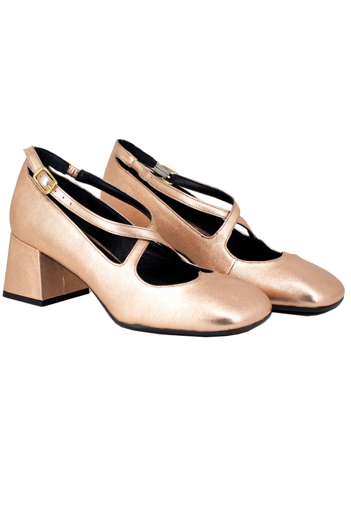 Spatarella Décolleté Donna In Pelle Laminata Salmone Con Doppio Cinturino E Punta Quadra