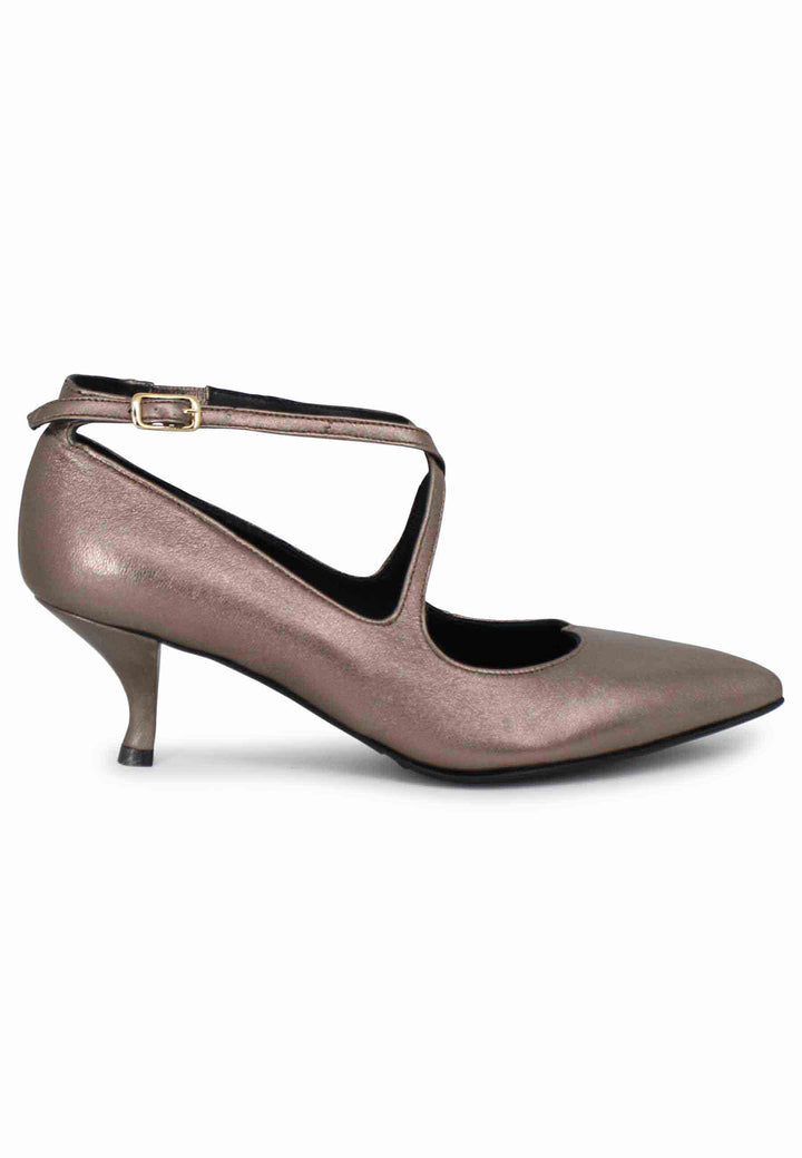 Spatarella Decollete Donna In Pelle Laminata Tortora Con Doppio Cinturino