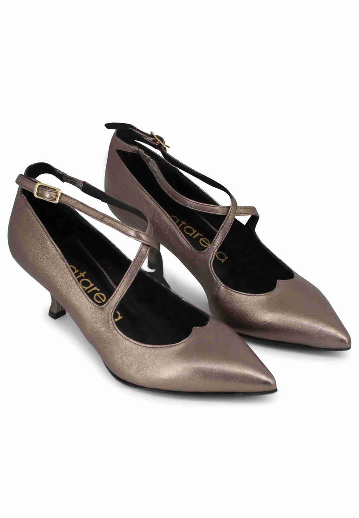 Spatarella Decollete Donna In Pelle Laminata Tortora Con Doppio Cinturino