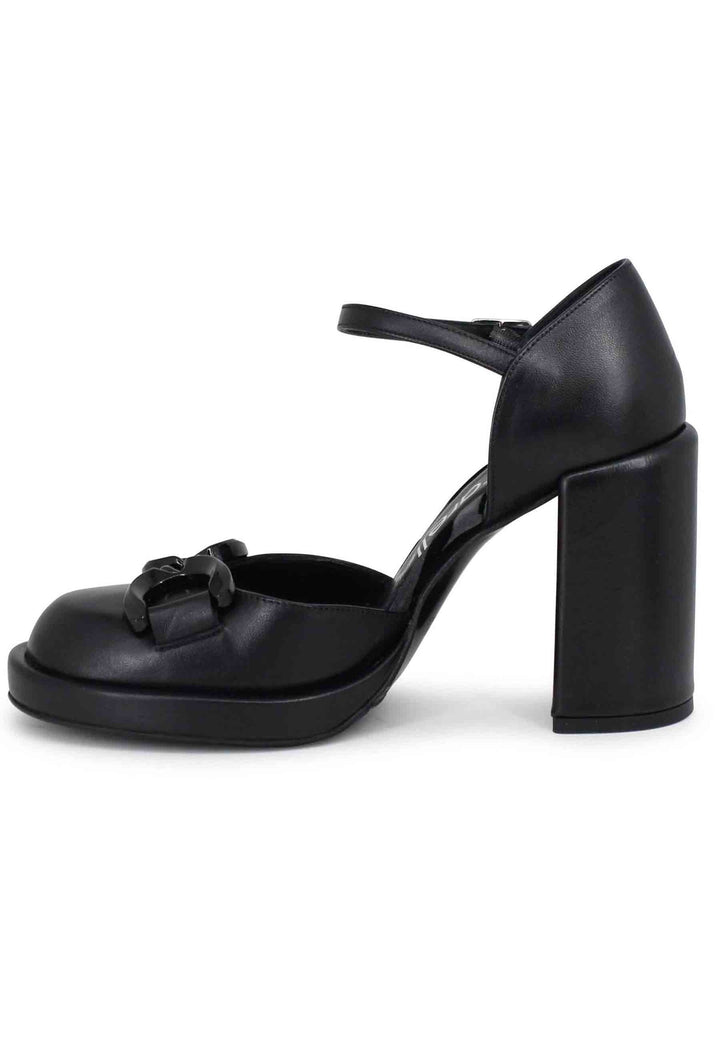 Spatarella Decollete Donna In Pelle Nera Con Tacco Alto E Cinturino