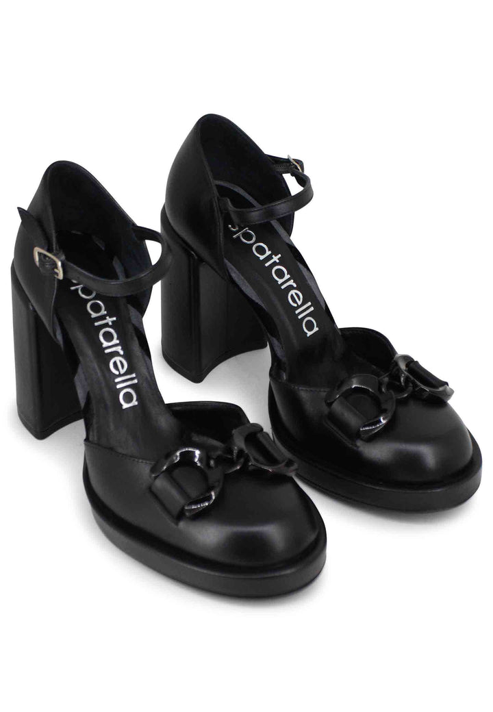 Spatarella Decollete Donna In Pelle Nera Con Tacco Alto E Cinturino