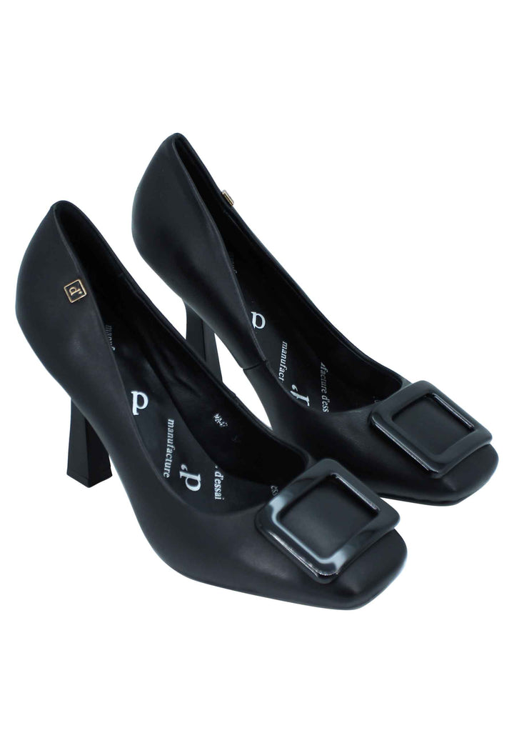 Spatarella Decollete Donna In Pelle Nera Punta Quadra E Accessorio In Tinta