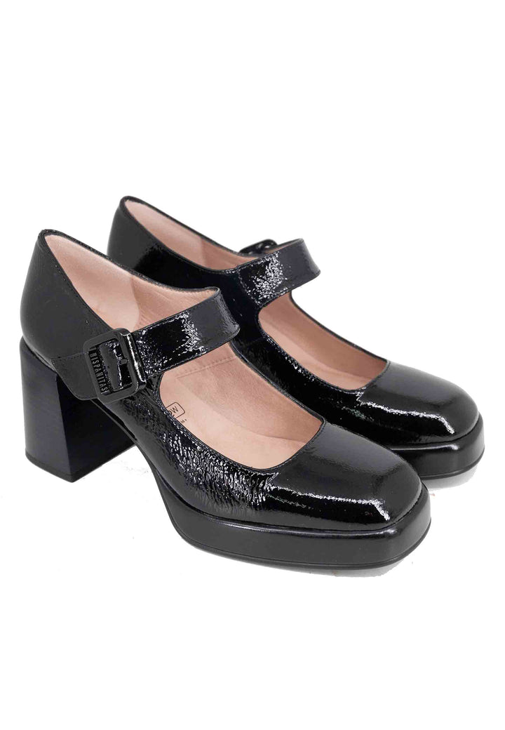 Spatarella Decollete Donna In Pelle Nero Con Tacco E Plateau