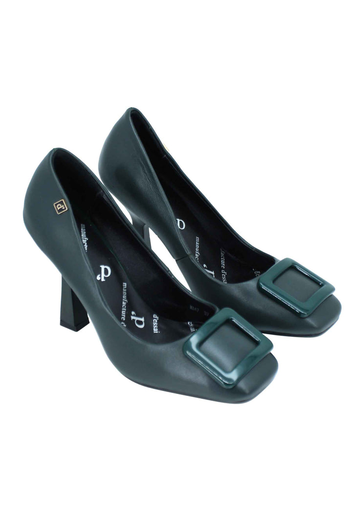 Spatarella Decollete Donna In Pelle Verde Punta Quadra E Accessorio In Tinta