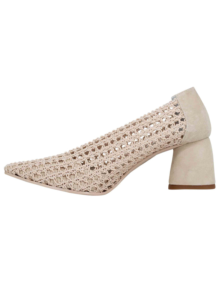 Spatarella Decollete Donna In Tessuto Elasticizzato Beige Con Tacco In Camoscio