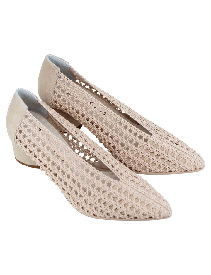 Spatarella Decollete Donna In Tessuto Elasticizzato Beige Con Tacco In Camoscio