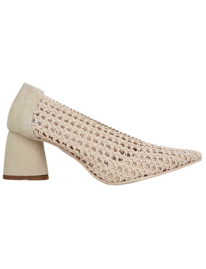 Spatarella Decollete donna in tessuto elasticizzato beige con tacco in camoscio