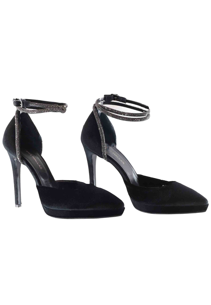 Spatarella Decollete Donna In Velluto Nero Con Cinturino In Strass E Tacco Alto