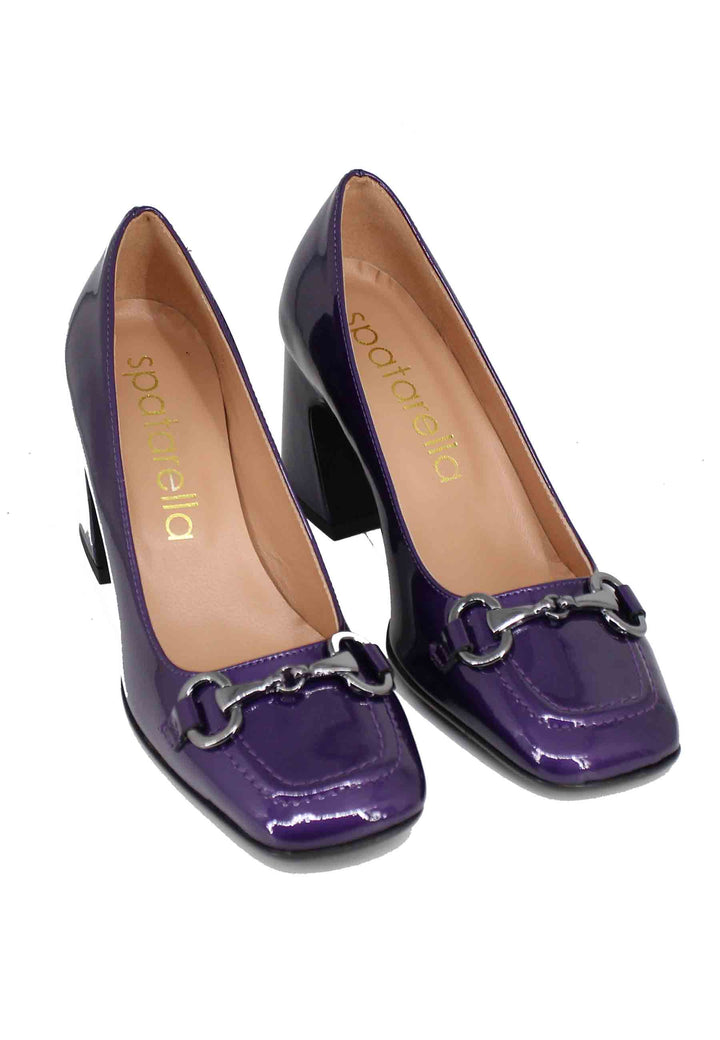 Spatarella Decollete Donna In Vernice Viola Con Punta Quadra Morsetto E Tacco Alto