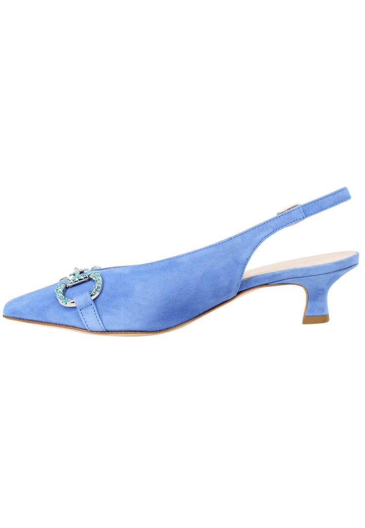 Spatarella Decollete Slingback Donna In Camoscio Celeste Con Morsetto Gioiello E Tacco Basso