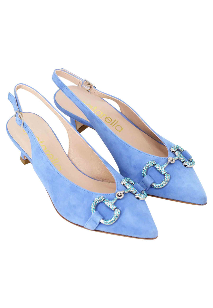 Spatarella Decollete Slingback Donna In Camoscio Celeste Con Morsetto Gioiello E Tacco Basso