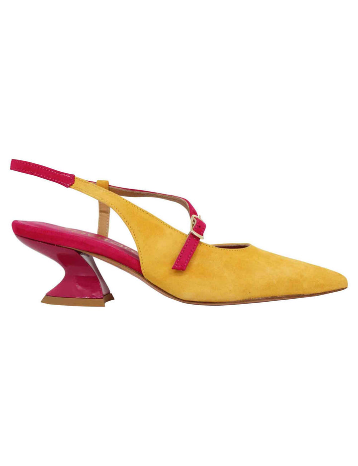 Spatarella Decollete Slingback Donna In Camoscio Giallo Con Tacco In Contrasto