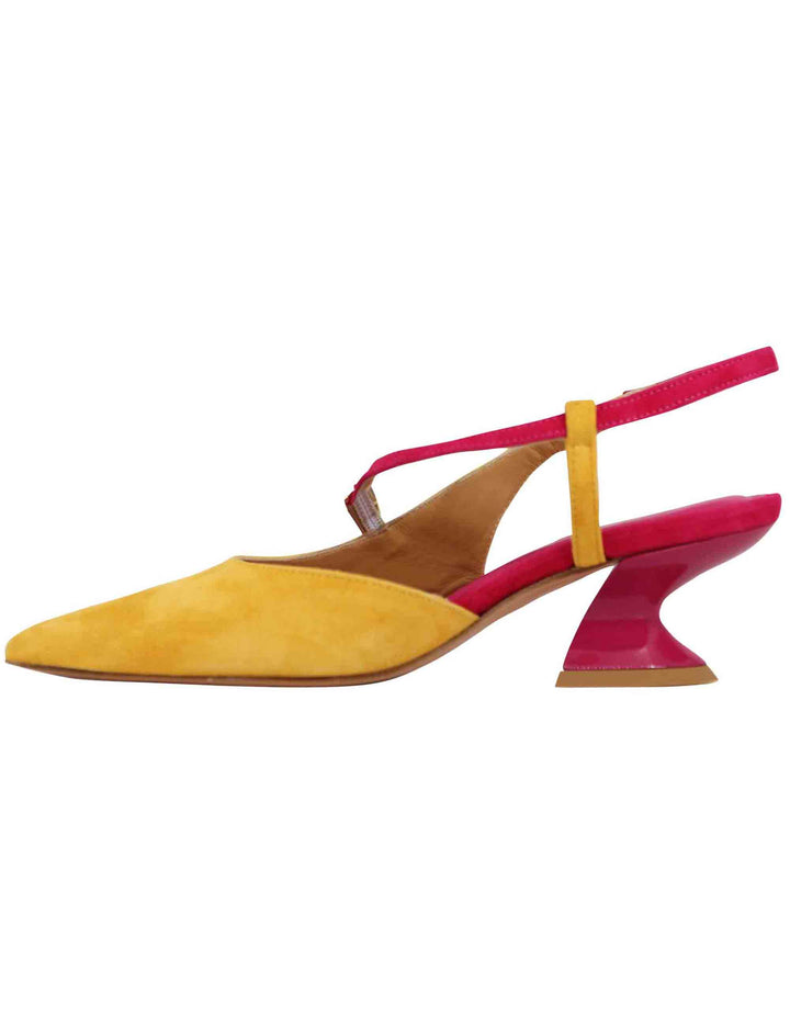 Spatarella Decollete Slingback Donna In Camoscio Giallo Con Tacco In Contrasto