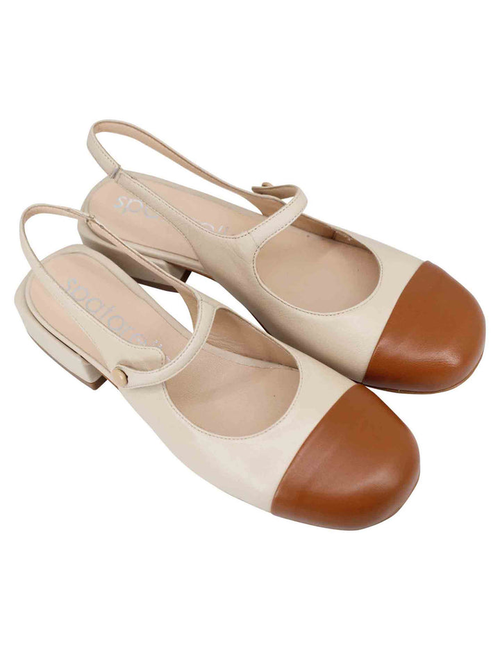 Spatarella Decollete Slingback Donna In Pelle Beige Bicolore Con Puntale Cammello