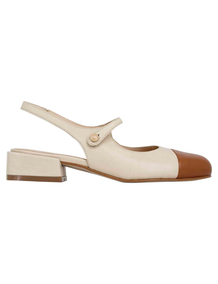 Spatarella Decollete slingback donna in pelle beige bicolore con puntale cammello