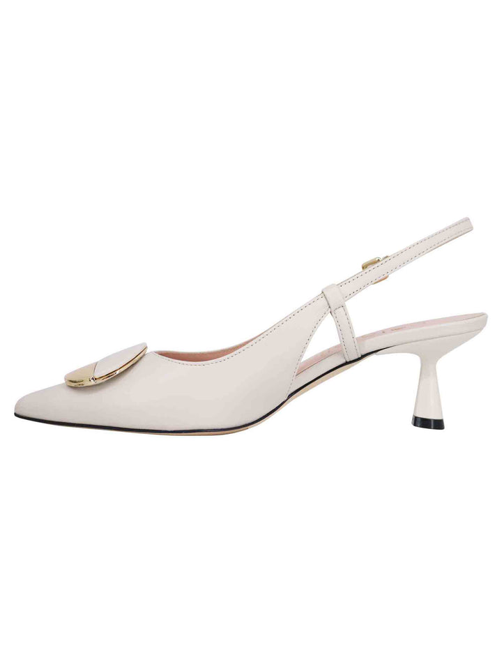 Spatarella Decollete Slingback Donna In Pelle Bianca Con Tacco Basso E Fibbia In Oro