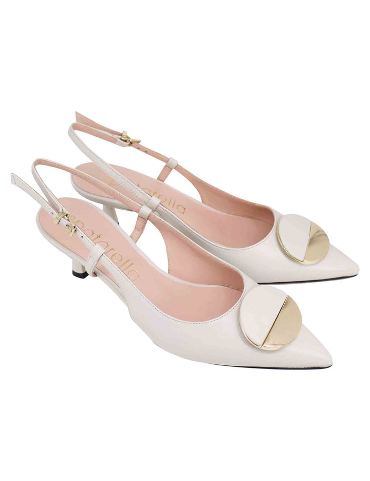 Spatarella Decollete Slingback Donna In Pelle Bianca Con Tacco Basso E Fibbia In Oro
